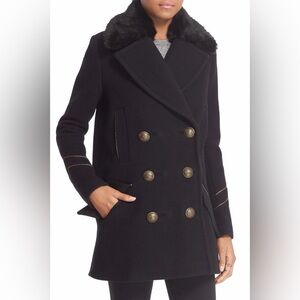 Free People Navy Blue Sedgwick Pea Coat with Gold Accents, Black Fur